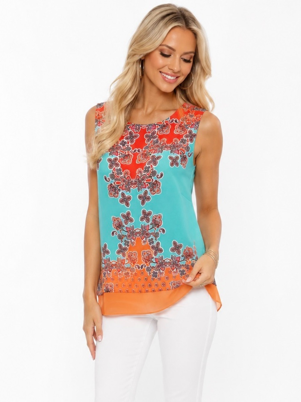 Rose & Olive Top Medium Paisley Sleeveless Lined Back Zip Blouse Boho Coral